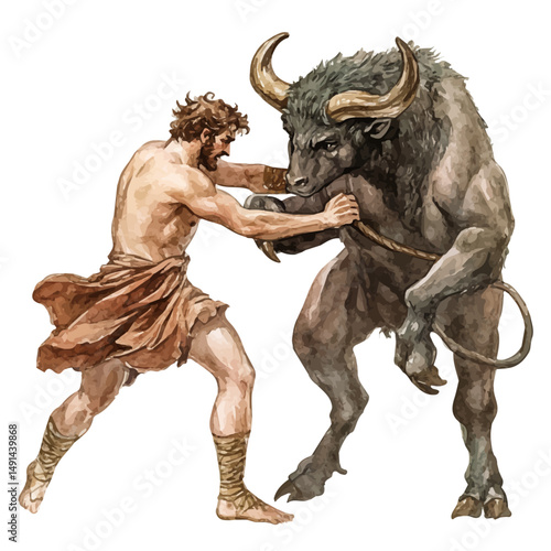 Greek Hero Theseus Fighting The Minotaur, watercolor painting vector, high quality, isolated on a white background.