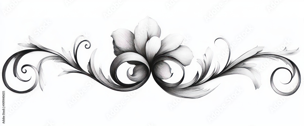 Fototapeta premium elegant black and white floral ornamental design with swirling leaves and petals creating a balanced decorative element