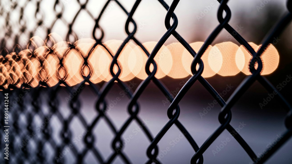 Naklejka premium Close-Up of Black Chain-Link Fence with Bokeh Background