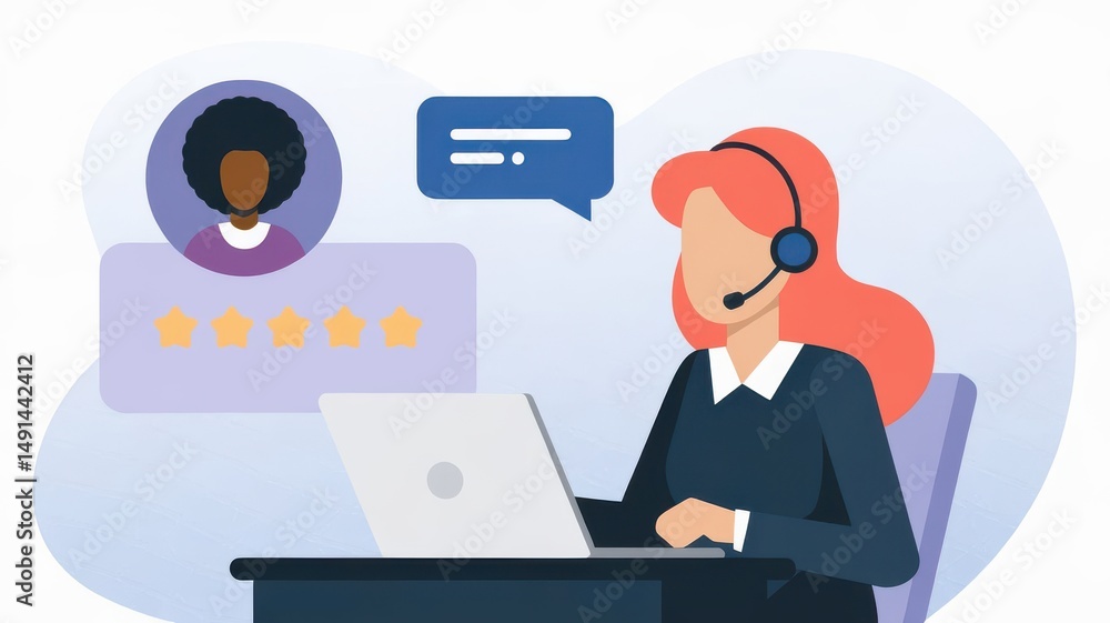 Illustration depicting a support agent interacting with clients and feedback Illustration depicting a support agent interacting with clients and feedback