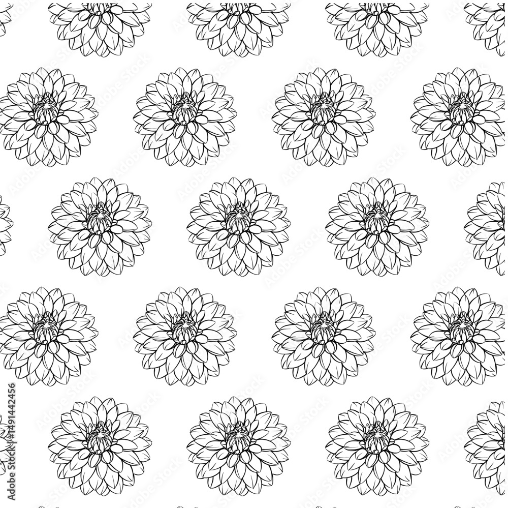 Obraz premium Dahlia flower Seamless Pattern Hand drawn vector line art, Black and White Flower isolated in white. Beautiful design for textile, wallpaper, wrapping paper and backgrounds
