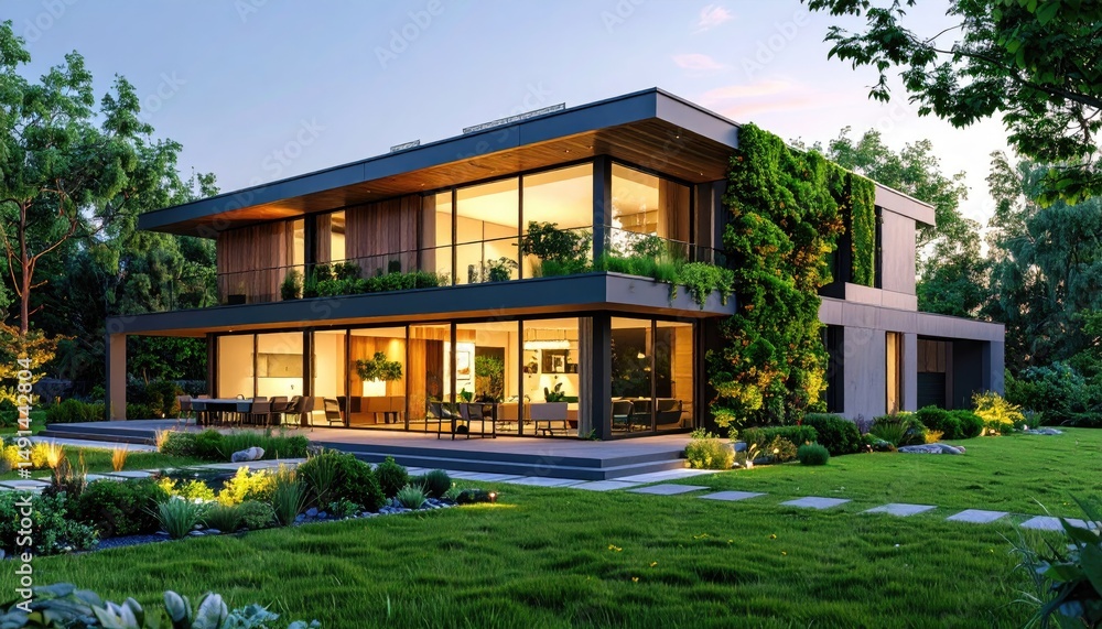 Modern Home Oasis Luxury Living in Green with Garden Estate at Dusk. Modern Home Oasis Luxury Living in Green with Garden Estate at Dusk.
