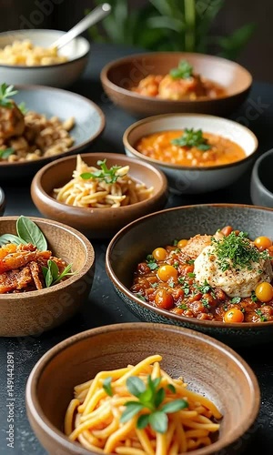 Assorted dishes in small bowls colorful food display restaurant menu image