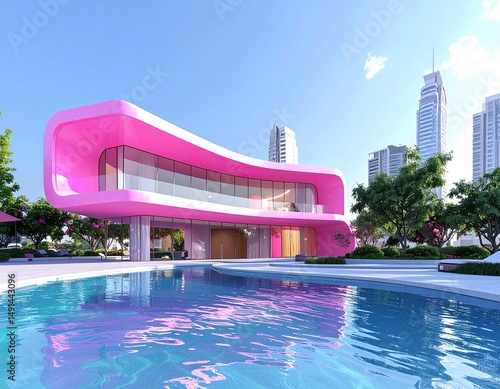 Pink Dream Home Modern Architecture by Poolside in City.