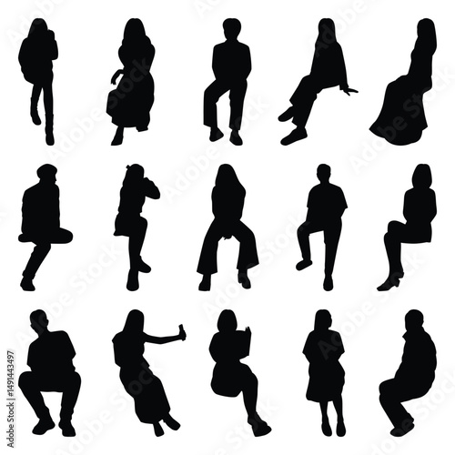 Vector collection set of sitting people silhouettes.	
