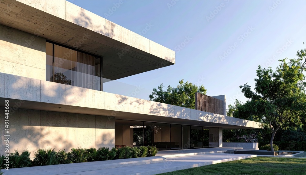 Modern concrete villa glows in golden light of idyllic summer sunset. Modern concrete villa glows in golden light of idyllic summer sunset.