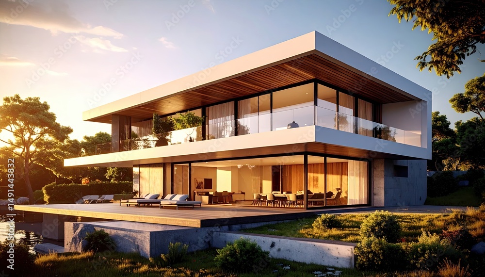 Modern Lakeside Dream Home at Sunset. Modern Lakeside Dream Home at Sunset.