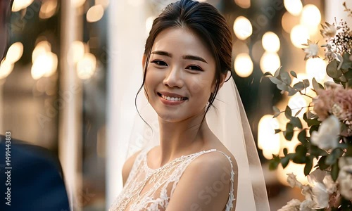 Radiant Bride in White Lace Dress Near Floral Arrangement and Bokeh Lights at Wedding Ceremony