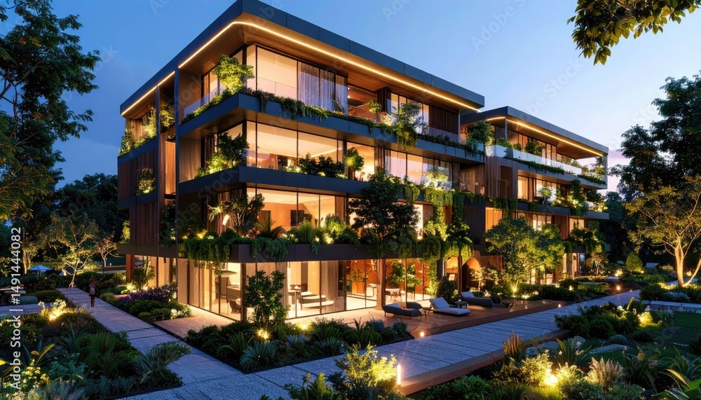 Fototapeta premium Modern Apartments Lush Greenery Serene Evening Ambience.