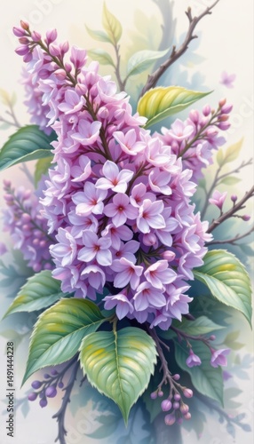 Beautiful Lilac Flowers with Soft Purple Petals and Vibrant Green Leaves Against a Light Background