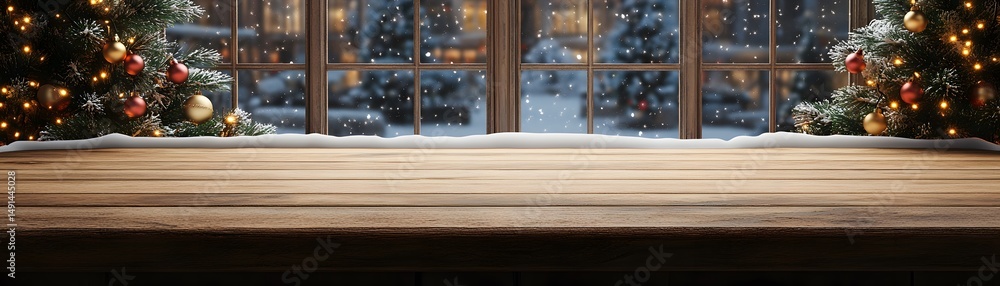 Naklejka premium Wooden tabletop with winter window view.