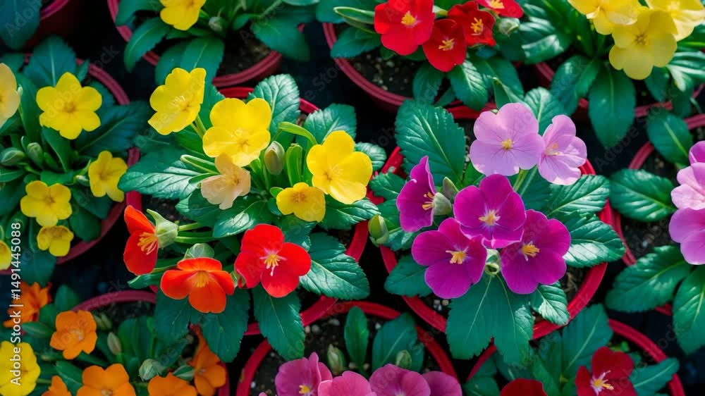 Display of vibrant primula and primroses in pots for sale at the market, medicinal plant, perennial for early spring, close-up from above Display of vibrant primula and primroses in pots for sale at the market, medicinal plant, perennial for early spring, close-up from above