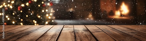 Rustic wooden table surface, illuminated by festive lights.