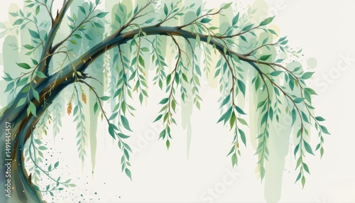 Elegant watercolor illustration of a graceful willow tree branch with delicate leaves and soft pastel background