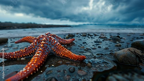 A vibrant red starfish perched on wet rocks by the ocean shore.