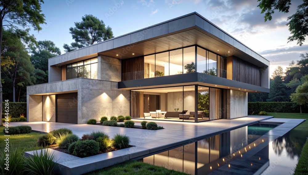 Fototapeta premium Modern dream home with pool at dusk Luxury living in nature.