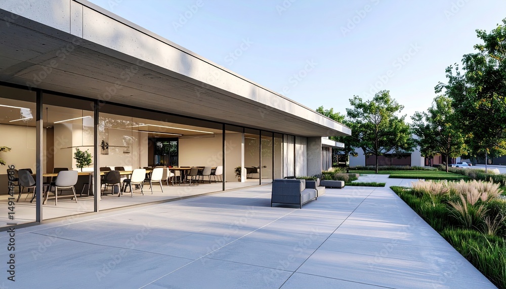 Obraz premium Modern office building exterior with outdoor seating and green landscape.