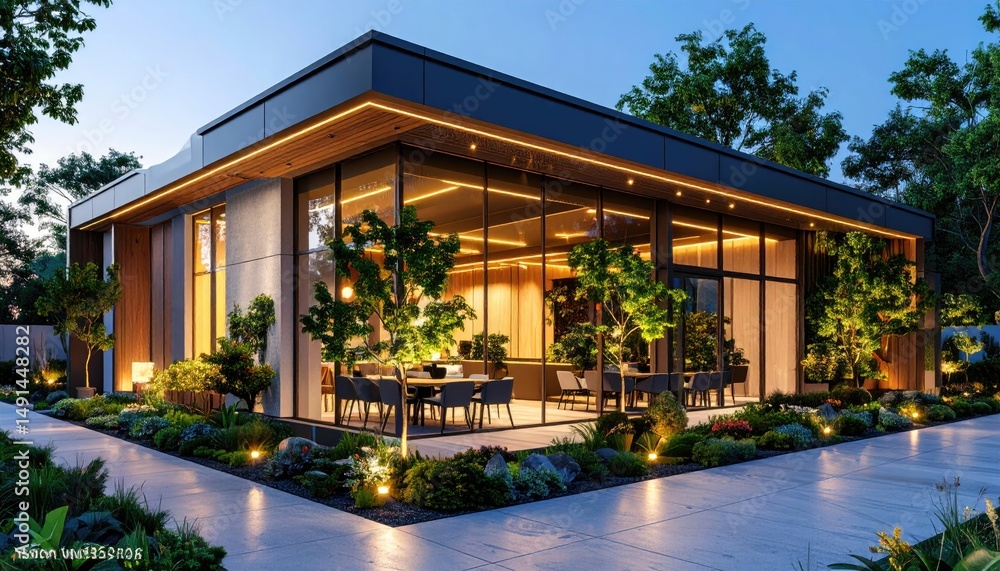 Fototapeta premium Modern Glass House Illuminated Dining and Lush Garden Evening View.