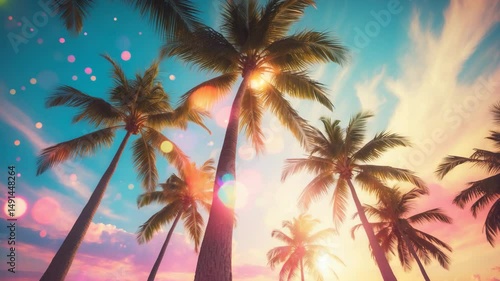 Abstract backdrop of sunset sky clouds featuring a tropical palm tree illuminated by vibrant sunlight.