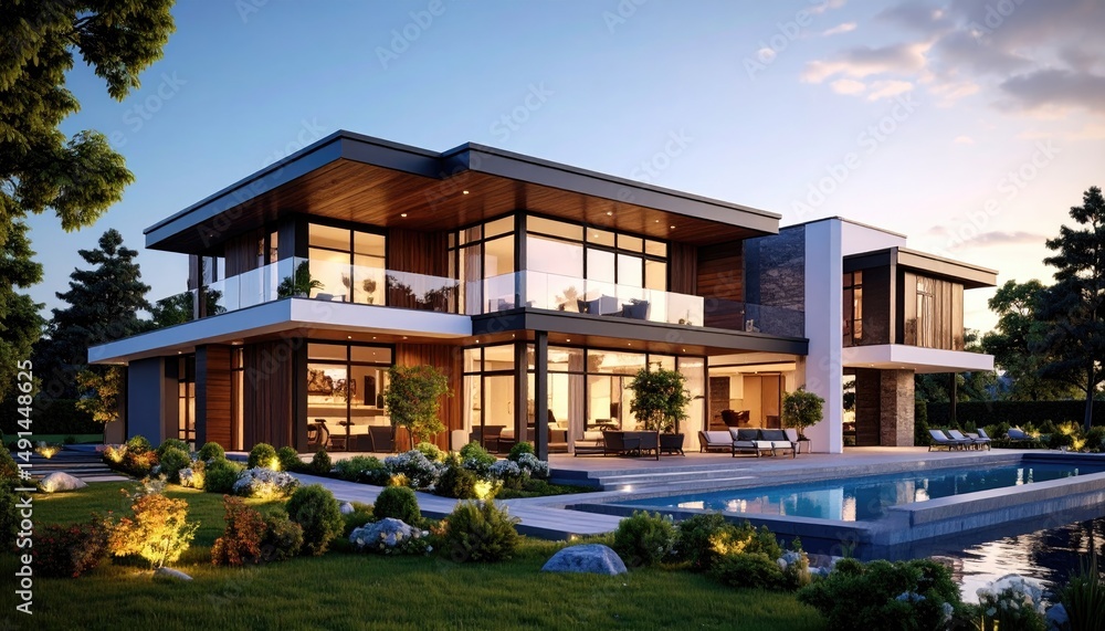 Luxurious Modern Home with Pool at Dusk. Luxurious Modern Home with Pool at Dusk.