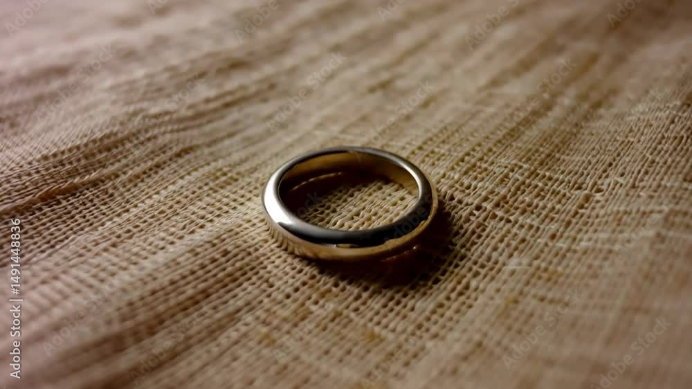 Close-up studio shot showcasing a simple plain gold band ring on a textured fabric surface, highlighting its reflective shine and smooth design. Close-up studio shot showcasing a simple plain gold band ring on a textured fabric surface, highlighting its reflective shine and smooth design.