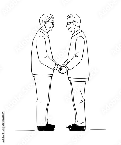 Elderly gay couple holding hands line art. A senior male couple is standing next to each other.