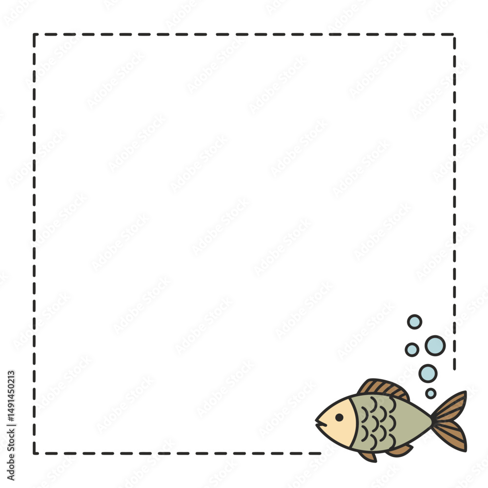 Fototapeta premium Simple decorative frame with fish and bubbles in minimalist style 