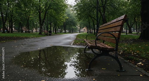 A park bench is overwhelmed by river flood water after record breaking rainfall
