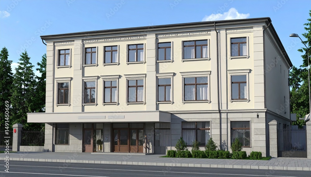 Fototapeta premium Elegant Facade Classic Building with Detailed Trim and Serene Backdrop.