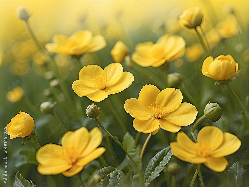 Fototapeta premium Sunlit Yellow Petals Framed by Soft Green Tones