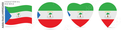Equatorial Guinea waving flag, round circle sticker badge, heart shaped icon, map pin. Republic of Equatorial Guinea flag buttons of different shapes. Vector illustration isolated on white.