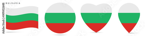 Free Download Bulgaria waving flag, round circle sticker badge, heart shaped icon, map pin. Bulgarian flag buttons of different shapes. Vector illustration isolated on white. - GFXLoad