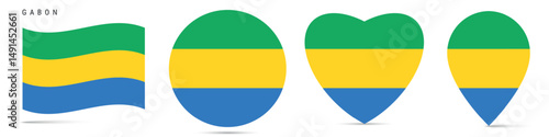 Free Download Gabon waving flag, round circle sticker badge, heart shaped icon, map pin. Gabonese flag buttons of different shapes. Vector illustration isolated on white. - GFXLoad