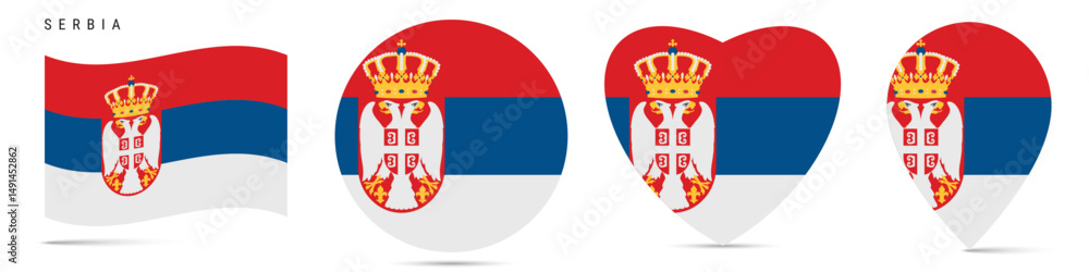 Naklejka premium Serbia waving flag, round circle sticker badge, heart shaped icon, map pin. Serbian flag buttons of different shapes. Vector illustration isolated on white.