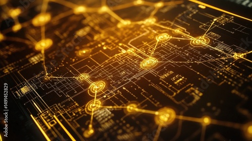 Intricate technological network design with glowing connections.