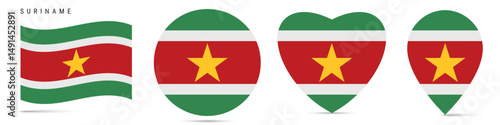 Suriname waving flag, round circle sticker badge, heart shaped icon, map pin. Surinamese flag buttons of different shapes. Vector illustration isolated on white. Free Download Suriname waving flag, round circle sticker badge, heart shaped icon, map pin. Surinamese flag buttons of different shapes. Vector illustration isolated on white. - GFXLoad