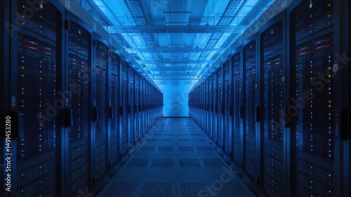Futuristic Data Center Server Room: A modern technology landscape in blue light