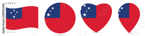 Free Download Samoa waving flag, round circle sticker badge, heart shaped icon, map pin. Samoan flag buttons of different shapes. Vector illustration isolated on white. - GFXLoad