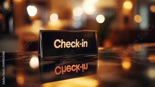 Close-up of a check-in sign at hotel counter.

