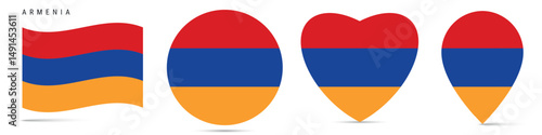 Armenia waving flag, round circle sticker badge, heart shaped icon, map pin. Armenian flag buttons of different shapes. Vector illustration isolated on white.