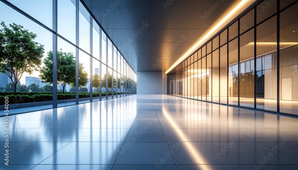 Modern Building Hallway Sunlight Streams Through Glass Walls. Modern Building Hallway Sunlight Streams Through Glass Walls.