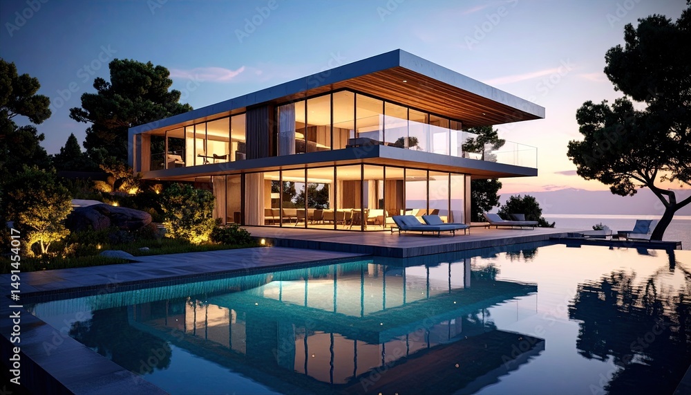 Modern seaside villa with pool at dusk reflecting lights. Modern seaside villa with pool at dusk reflecting lights.