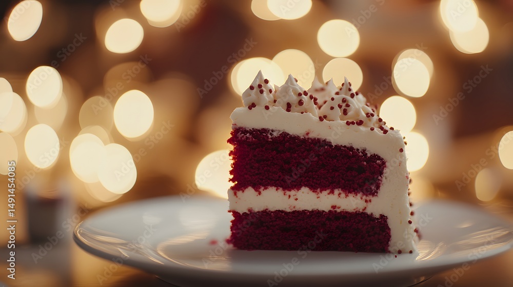 A close-up of a slice of moist red velvet cake with cream cheese frosting and festive lights.
A close-up of a slice of moist red velvet cake with cream cheese frosting and festive lights.