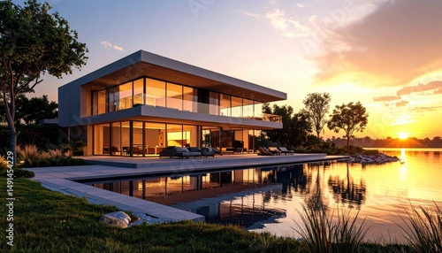 Modern Lakeside Dream Sunset Reflections on Luxury Home.