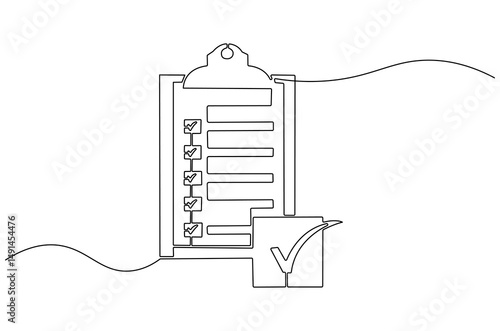 Continuous one line drawing of Clipboard with checklist. Single line drawing illustration of Clipboard. Symbol of to do list concept vector art. Doodle line illustration.