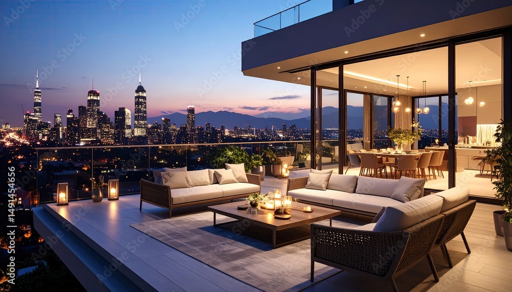 Obraz premium Rooftop Serenity City Lights Cozy Terrace at Dusk.