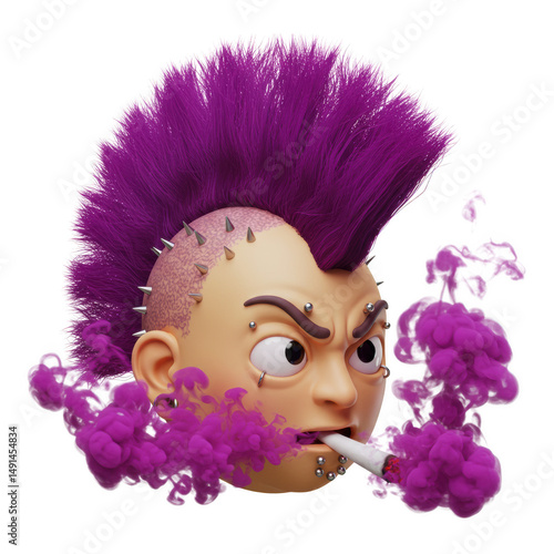 Punk with purple mohawk smoking isolated on transparent background