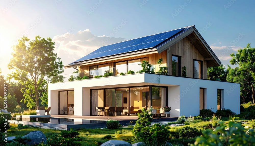 Fototapeta premium Modern Home with Solar Panels in Sunny Green Environment.