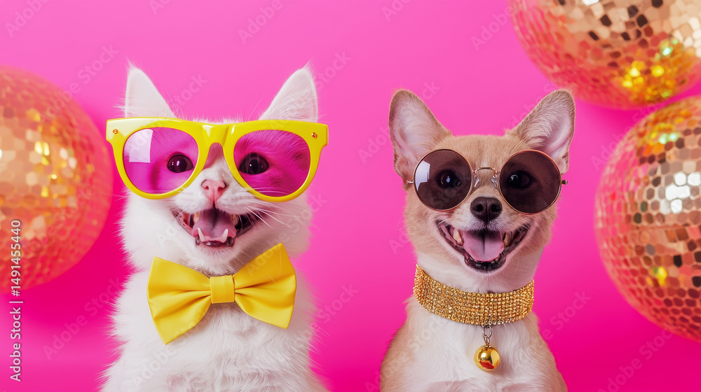 Fototapeta premium Smiling dog and cat wearing sunglasses and bow decoration fashion outfits on disco ball shiny playful colorful backgorund. advertising festival christmas new year celebrate party retro pink poster
