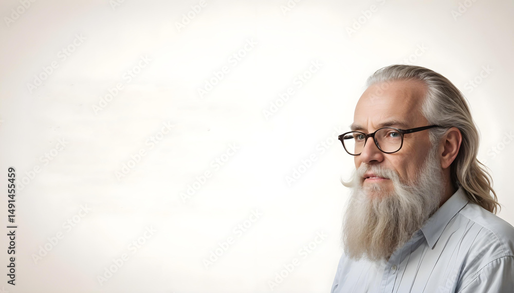 A portrait of white old man with white hair and beard,, wearing glasses, with an empty white background on the left ideal for proverbs, quotes and messages A portrait of white old man with white hair and beard,, wearing glasses, with an empty white background on the left ideal for proverbs, quotes and messages